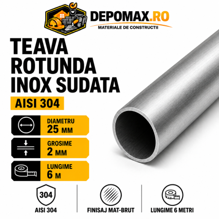 Teava rotunda inox sudata AISI 304, 25 x 2 mm, 6 metri